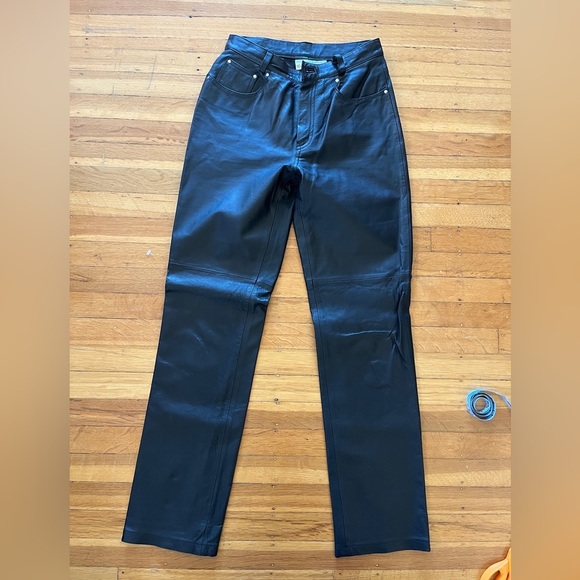 Newport News Pants - Y2K vintage Leather jeans pants black 2 4 6 S biker goth straight leg taper rock